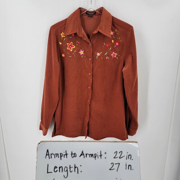 Courtenay Stretch Shirt Women's 6 Embroidered Button Up Faux Suede Brown - Picture 13 of 13